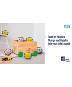 A box of children's toys with bacteria coming out of it. Text reads "Don't let Measles, Mumps and Rubella into your child's world. MMR vaccines protect, help us help you"