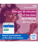 Young woman with her hair in rollers painting her nails. Text says Ellie got 20 minutes of me-time by ordering on the app. Repeat prescriptions at the click of a button