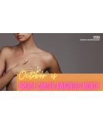 A woman with her hand covering her breasts. Text reads "October is breast cancer awareness month"