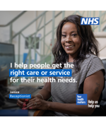 A women sitting at a desk smiling. The text reads "I help people get the right care or service for their health needs. Janice, Receptionist"
