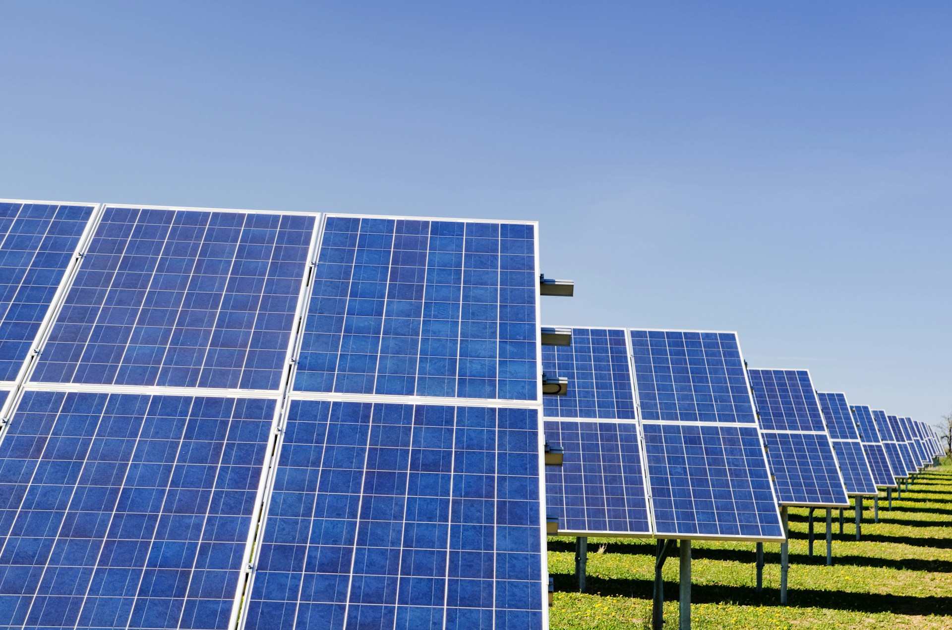 Rows of blue solar panels stand on a green field under a clear blue sky.