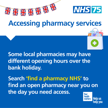 Pharmacy opening times during the Coronation bank holiday 8 May